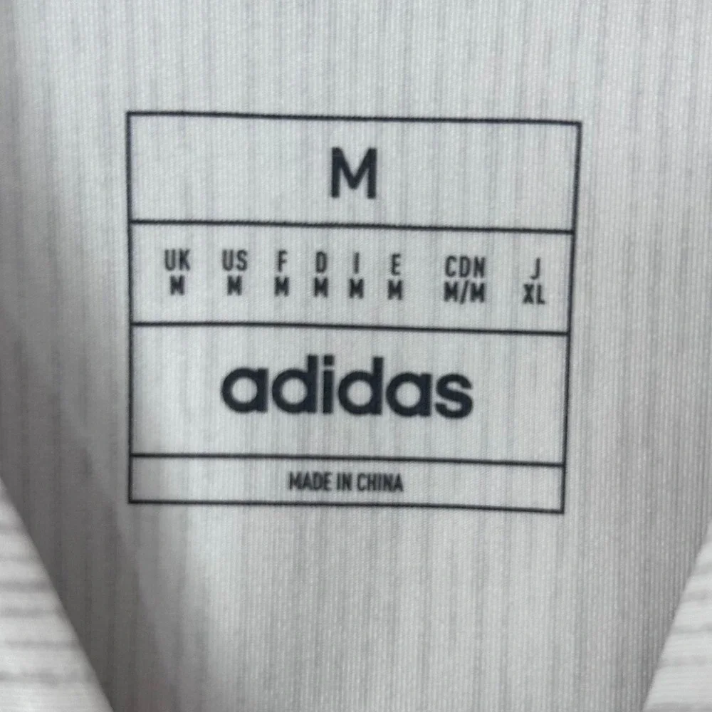 Adidas Golf Shirt Men M White Grey Striped Henley Banded Collar Short Sleeve